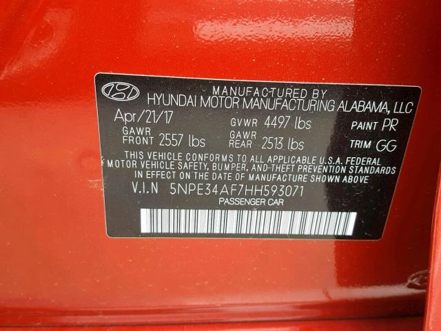 5NPE34AF7HH593071 - 2017 HYUNDAI SONATA SPO RED photo 10