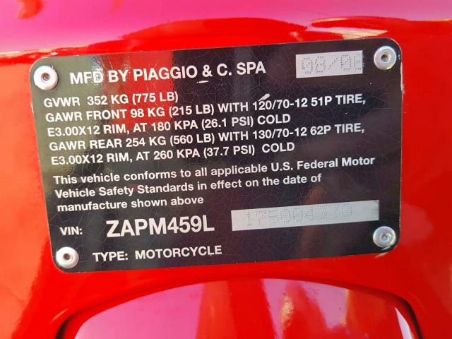 ZAPM459L175004330 - 2007 VESPA GTS 250 RED photo 10