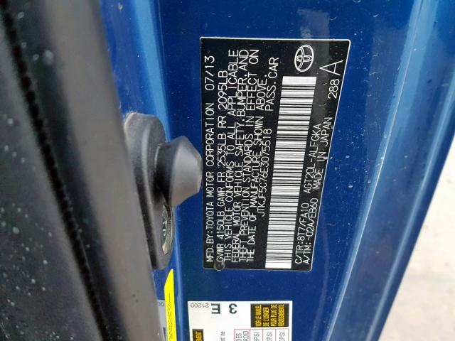 JTKJF5C76E3075518 - 2014 TOYOTA SCION TC ლურჯი ფოტო 10