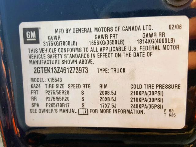 2GTEK13Z461273973 - 2006 GMC NEW SIERRA BLUE photo 10