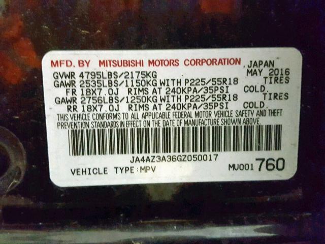 JA4AZ3A36GZ050017 - 2016 MITSUBISHI OUTLANDER BLACK photo 10