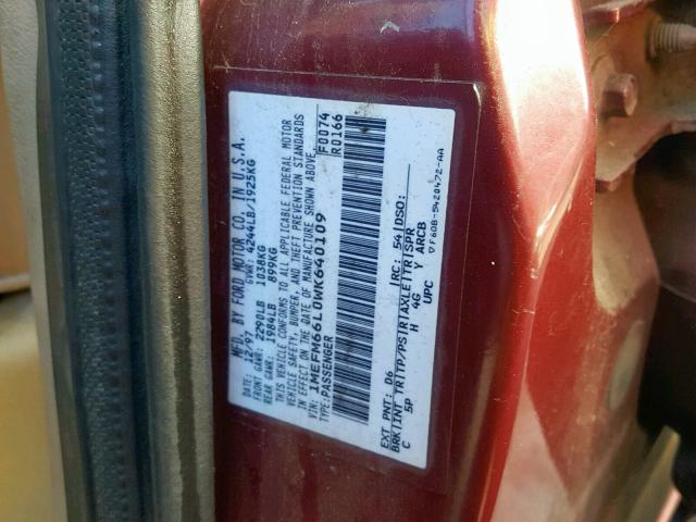 1MEFM66L0WK640109 - 1998 MERCURY MYSTIQUE L RED photo 10