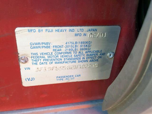 JF1SF65582H702270 - 2002 SUBARU FORESTER S RED photo 10