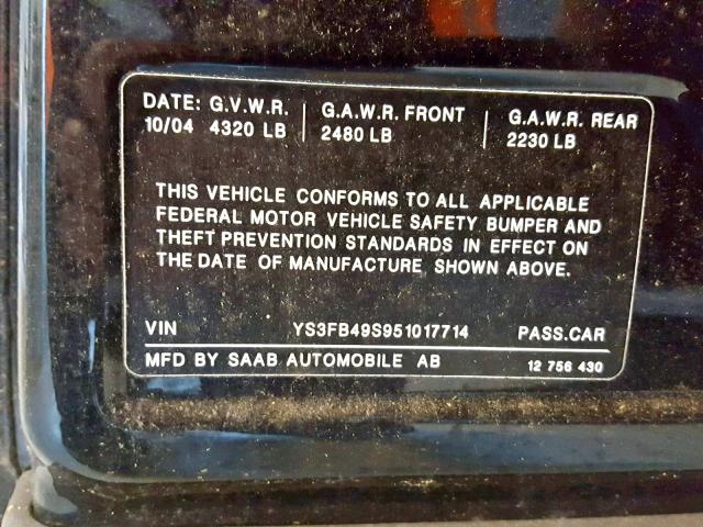 YS3FB49S951017714 - 2005 SAAB 9-3 LINEAR BLACK photo 10