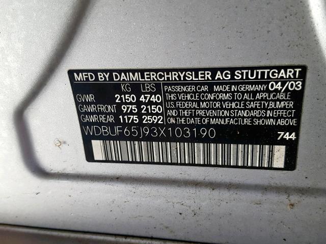 WDBUF65J93X103190 - 2003 MERCEDES-BENZ E 320 SILVER photo 10