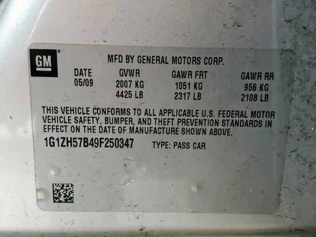 1G1ZH57B49F250347 - 2009 CHEVROLET MALIBU 1LT 银色 照片 10