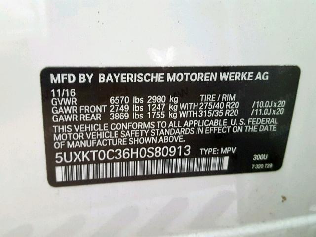 5UXKT0C36H0S80913 - 2017 BMW X5 XDR40E WHITE photo 10
