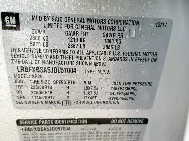 LRBFXBSA5JD057004 - 2018 BUICK ENVISION P SILVER photo 10