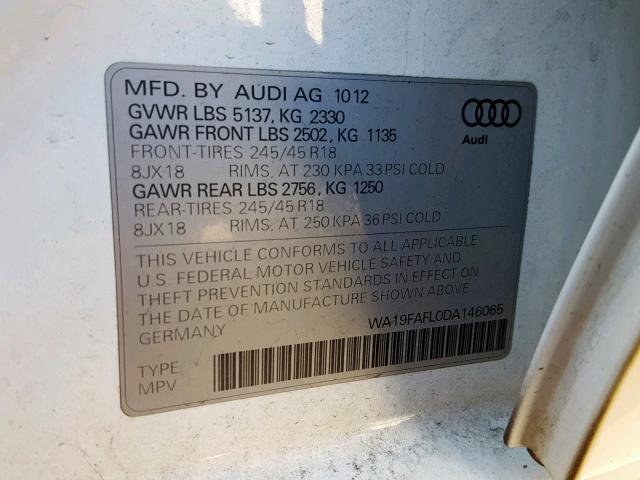 WA19FAFL0DA146065 - 2013 AUDI A4 ALLROAD WHITE photo 10