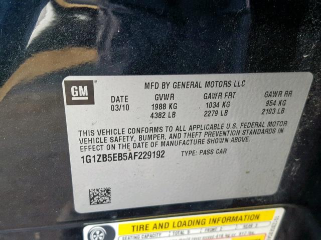 1G1ZB5EB5AF229192 - 2010 CHEVROLET MALIBU LS 黑色 照片 10