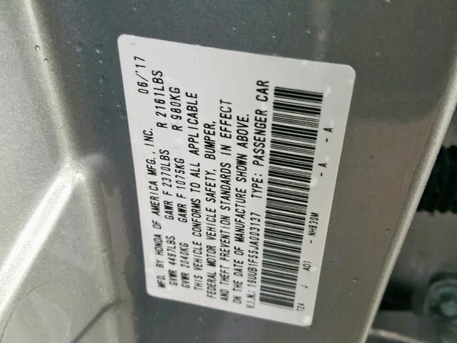 19UUB1F55JA003137 - 2018 ACURA TLX TECH SILVER photo 10