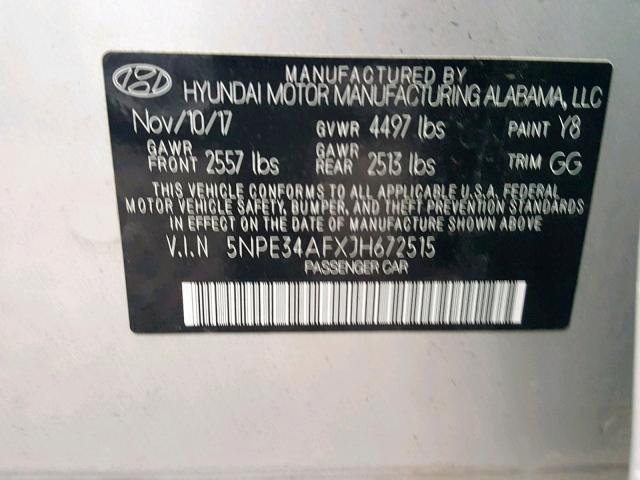 5NPE34AFXJH672515 - 2018 HYUNDAI SONATA SPO GRAY photo 10