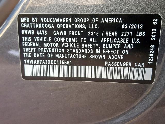 1VWAH7A3XDC115561 - 2013 VOLKSWAGEN PASSAT S GRAY photo 10