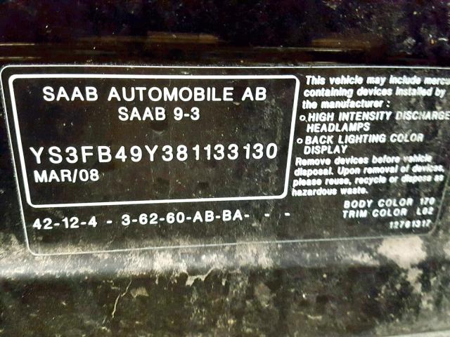 YS3FB49Y381133130 - 2008 SAAB 9-3 2.0T BLACK photo 10