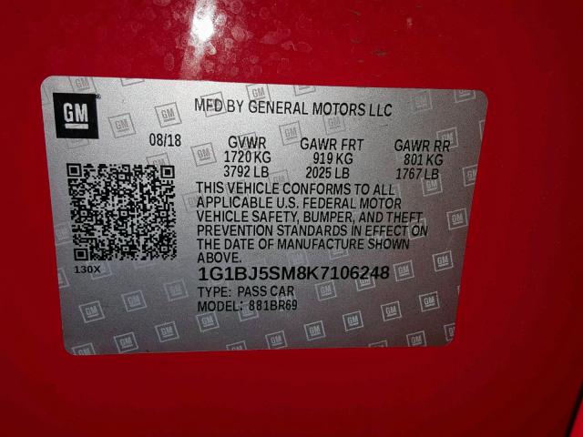 1G1BJ5SM8K7106248 - 2019 CHEVROLET CRUZE RED photo 10