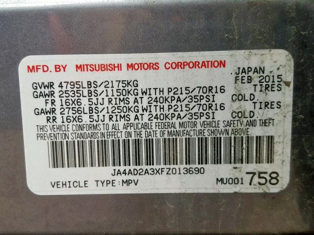 JA4AD2A3XFZ013690 - 2015 MITSUBISHI OUTLANDER GRAY photo 10