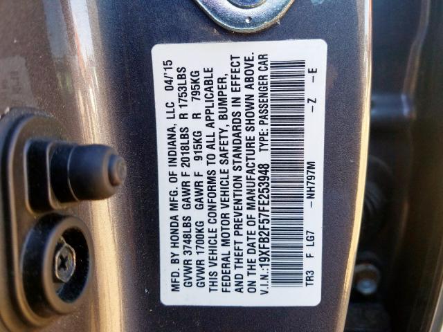 19XFB2F57FE253948 - 2015 HONDA CIVIC LX GRAY photo 10