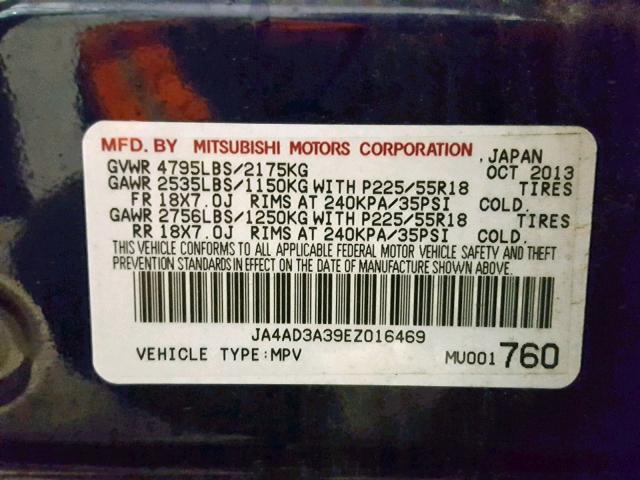 JA4AD3A39EZ016469 - 2014 MITSUBISHI OUTLANDER BLUE photo 10