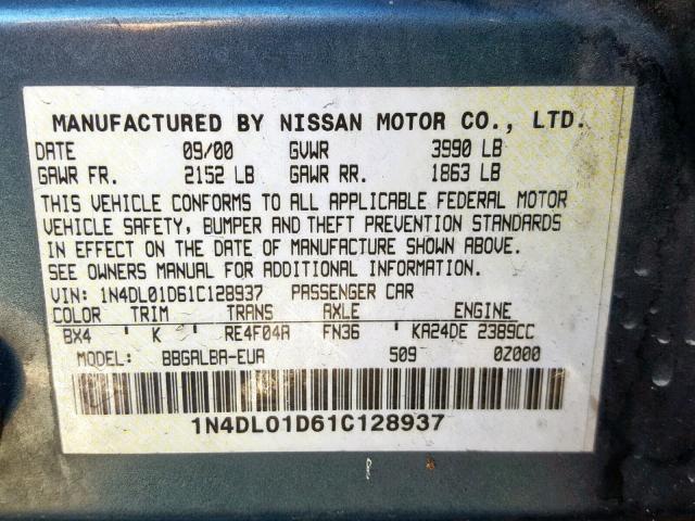 1N4DL01D61C128937 - 2001 NISSAN ALTIMA XE GREEN photo 10