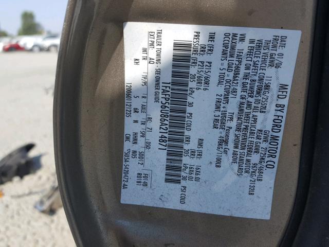 1FAFP56U86A214871 - 2006 FORD TAURUS SEL GOLD photo 10