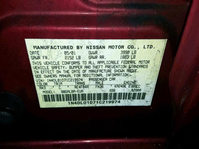 1N4DL01D71C219974 - 2001 NISSAN ALTIMA XE BURGUNDY photo 10