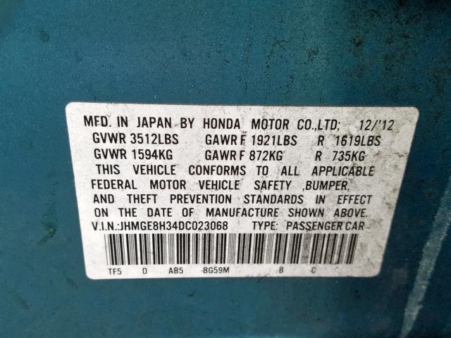 JHMGE8H34DC023068 - 2013 HONDA FIT TEAL photo 10