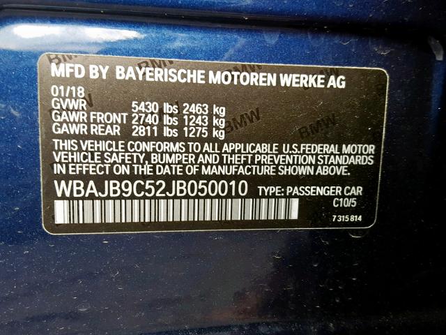 WBAJB9C52JB050010 - 2018 BMW M550XI BLUE photo 10