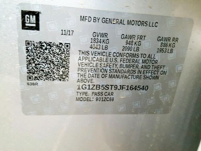 1G1ZB5ST9JF164540 - 2018 CHEVROLET MALIBU LS SILVER photo 10