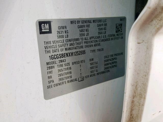 1GCGSBENXH1252806 - 2017 CHEVROLET COLORADO WHITE photo 10