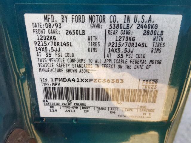 1FMDA41XXPZC36383 - 1993 FORD AEROSTAR GREEN photo 10