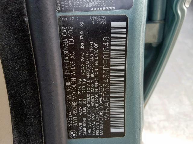 WBAEP33433PF01848 - 2003 BMW 325 XIT TEAL photo 10