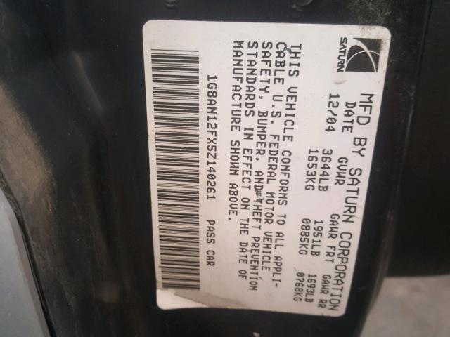 1G8AN12FX5Z140261 - 2005 SATURN ION LEVEL SILVER photo 10