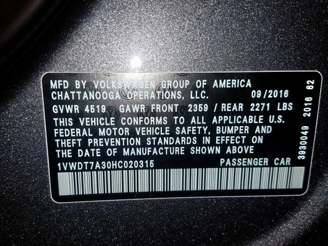 1VWDT7A30HC020315 - 2017 VOLKSWAGEN PASSAT R-L BLACK photo 10