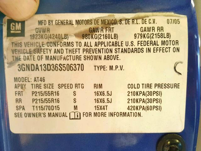 3GNDA13D36S506370 - 2006 CHEVROLET HHR LS BLUE photo 10