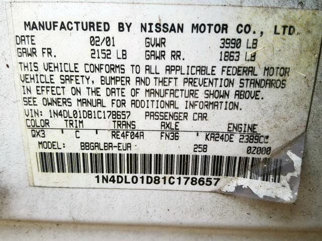 1N4DL01D81C178657 - 2001 NISSAN ALTIMA XE WHITE photo 10