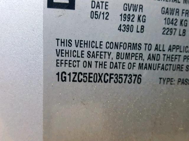 1G1ZC5E0XCF357376 - 2012 CHEVROLET MALIBU 1LT SILVER photo 10