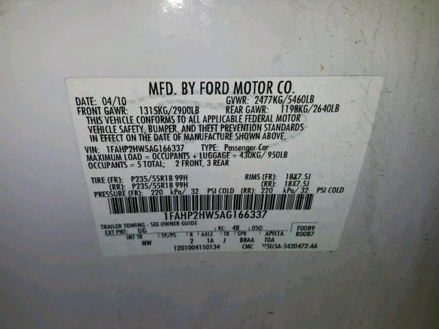 1FAHP2HW5AG166337 - 2010 FORD TAURUS SEL WHITE photo 10