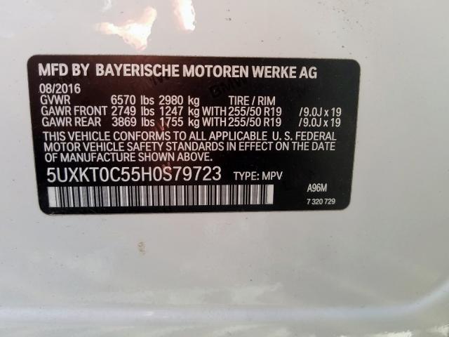 5UXKT0C55H0S79723 - 2017 BMW X5 XDR40E WHITE photo 10