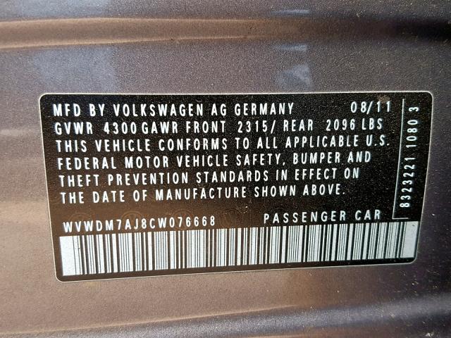WVWDM7AJ8CW076668 - 2012 VOLKSWAGEN GOLF 灰色 照片 10