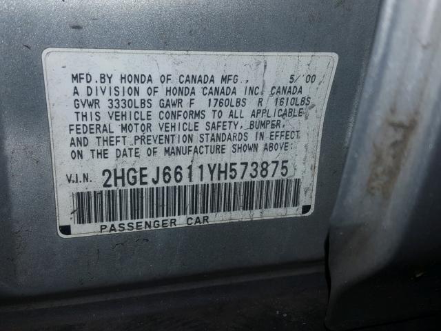 2HGEJ6611YH573875 - 2000 HONDA CIVIC BASE 银色 照片 10