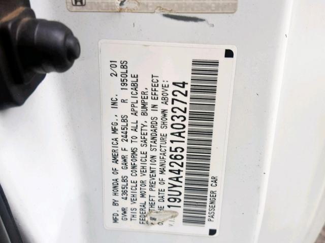 19UYA42651A032724 - 2001 ACURA 3.2CL TYPE WHITE photo 10