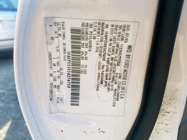 1FAFP55S93A276758 - 2003 FORD TAURUS SES WHITE photo 10