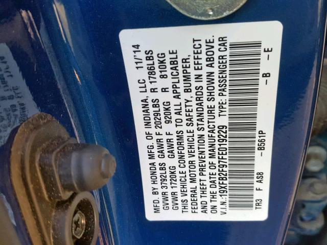 19XFB2F97FE019229 - 2015 HONDA CIVIC EXL BLUE photo 10