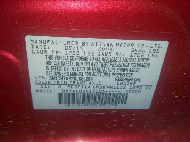 3N1CN7AP2KL881294 - 2019 NISSAN VERSA S BURGUNDY photo 10