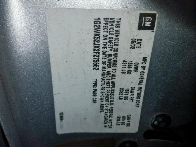 1G2WK52JX2F275662 - 2002 PONTIAC GRAND PRIX SILVER photo 10