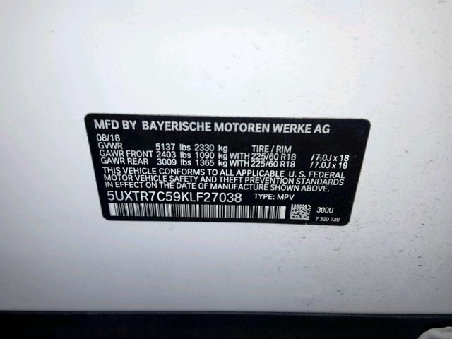 5UXTR7C59KLF27038 - 2019 BMW X3 SDRIVE3 WHITE photo 10