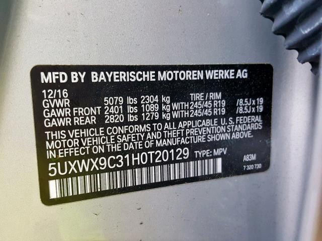 5UXWX9C31H0T20129 - 2017 BMW X3 XDRIVE2 SILVER photo 10