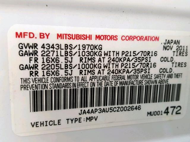 JA4AP3AU5CZ002646 - 2012 MITSUBISHI OUTLANDER WHITE photo 10