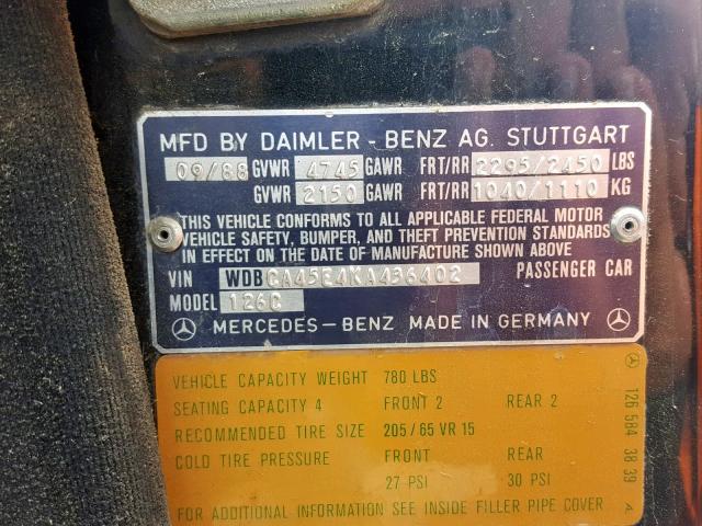 WDBCA45E4KA436402 - 1989 MERCEDES-BENZ 560 SEC BLACK photo 10