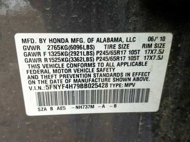 5FNYF4H79BB025428 - 2011 HONDA PILOT EXLN GRAY photo 10